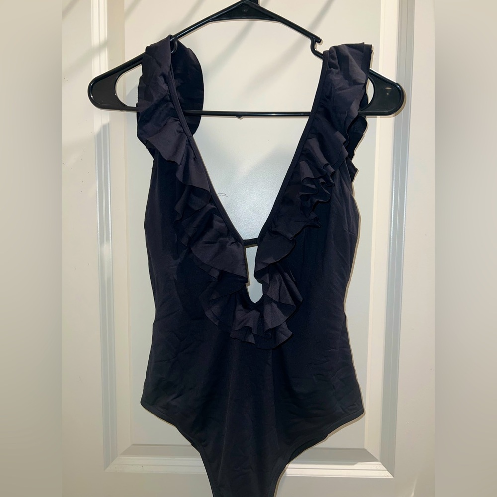 Michael Kors Navy Ruffle Deep V One-Piece Swimsuit